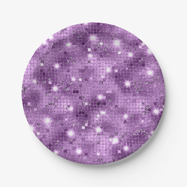 Prato De Papel Casamento com Glitter de Sequência Roxa (Frente)