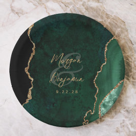 Prato De Papel Casamento com Grafia Dourada e Ágata Verde Esmeral