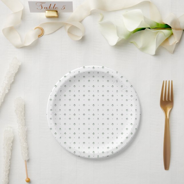 Prato De Papel Casamento com Impressão Botânica Verde e Branco (Casamento)