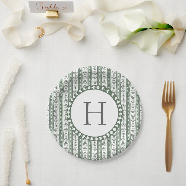 Prato De Papel Casamento com Impressão Botânica Verde e Branco (Casamento)
