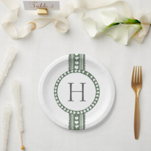 Prato De Papel Casamento com Impressão Botânica Verde e Branco