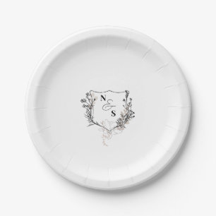 Prato De Papel Casamento com Monograma de Floral Preto e Branco F
