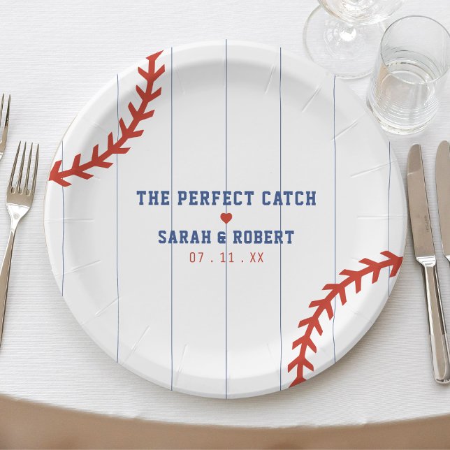 Prato De Papel Casamento com Pinstripe no Baseball Softball Sport (Baseball Softball Sport Heart Pinstripe Wedding Paper Plates
)