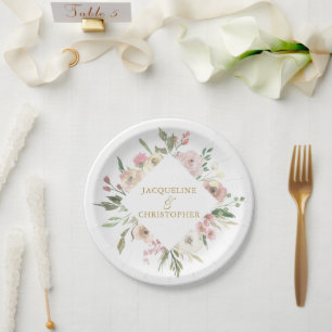 Prato De Papel Casamento com Rosa Coral Floral Elegante e Grafia