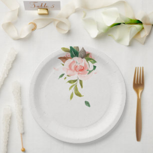 Prato De Papel Casamento com rosa de aquarela e folhagem