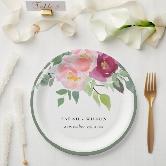 Prato De Papel Casamento com Rosa de Aquarela Rosa Blush Burgundy (Casamento)