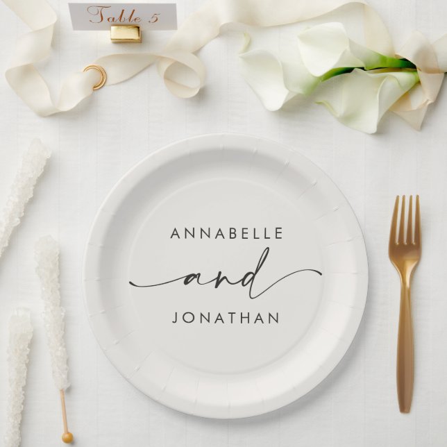 Prato De Papel Casamento contemporâneo mínimo negro de creme mode (Casamento)