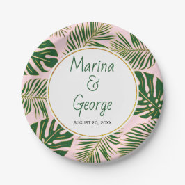 Prato De Papel Casamento cor-de-rosa com folhas tropicais verdes 
