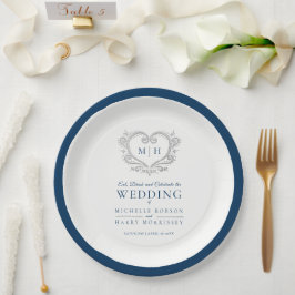 Prato De Papel Casamento da coroa azul da prata monograma