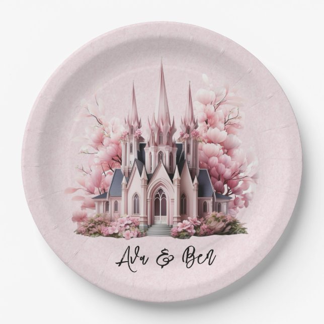 Prato De Papel Casamento da Igreja de Aquarela Rosa (Frente)