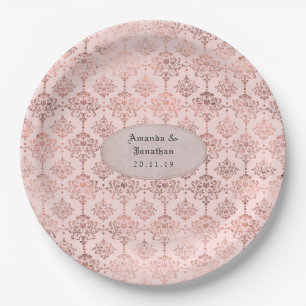 Prato De Papel Casamento Damasco em Rose Gold e Blush Foil