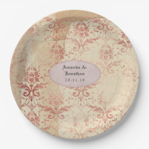 Prato De Papel Casamento Damask Distress Rose Gold