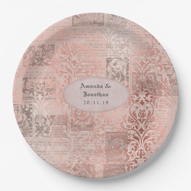 Prato De Papel Casamento Damask Shabby-Chic em Rose Gold (Frente)
