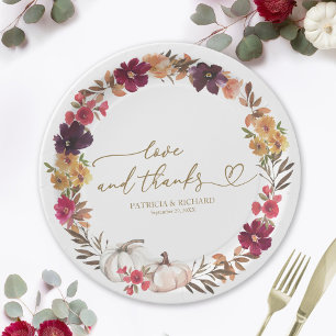 Prato De Papel Casamento de Abóbora Floral Borgonha de Amor e Gra