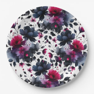 Prato De Papel Casamento de aguarela floral rosa magenta e azul