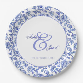 Prato De Papel Casamento de Ampersand Floral Azul Elegante