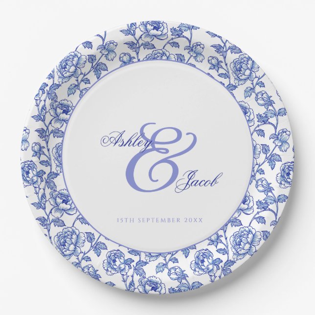 Prato De Papel Casamento de Ampersand Floral Azul Elegante (Frente)