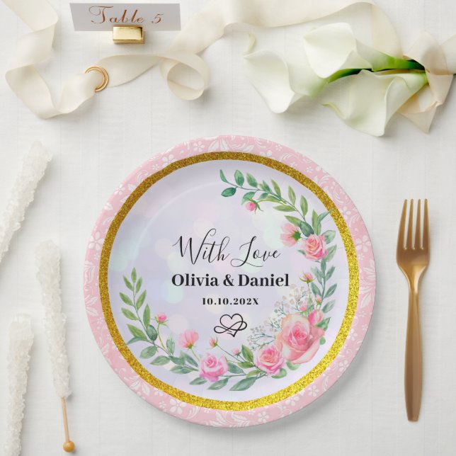 Prato De Papel Casamento de Aquarela de Flores Rosa Escamosas Ele (Casamento)