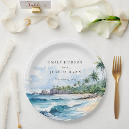 Prato De Papel Casamento de Aquarela Tropical de Praia