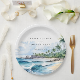 Prato De Papel Casamento de Aquarela Tropical de Praia