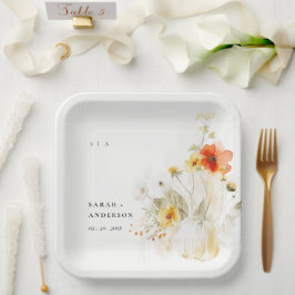 Prato De Papel Casamento de Aquarelas de Pumpkin de Flor Selvagem