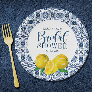 Prato De Papel Casamento De Azulejo Azul Italiano Lemon Obrigado 