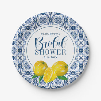 Prato De Papel Casamento De Azulejo Azul Italiano Lemon Obrigado