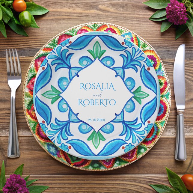 Prato De Papel Casamento de azulejos de Aqua Blue Talavera monogr (Aqua Blue Talavera tiles monogrammed customized Paper Plates vintage Mexican wedding printed plates)
