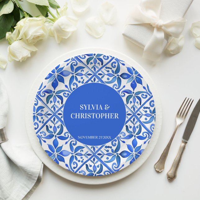 Prato De Papel Casamento de azulejos Espanhóis de Talavera (Blue Talavera Spanish tiles vintage Mexican wedding monogram personalized printed Paper Plates)