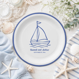 Prato De Papel Casamento de Barco Chic Desenhado à Mão com Ondas