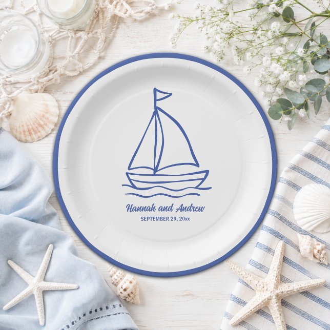 Prato De Papel Casamento de Barco Chic Desenhado à Mão com Ondas (Criador carregado)