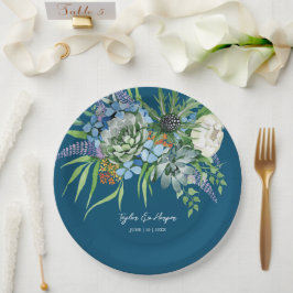 Prato De Papel Casamento de Boho com Buquê Floral Suculente de Wa