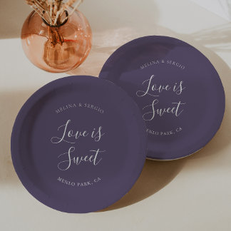 Prato De Papel Casamento de Caligrafia Minimalista Roxo Elegante
