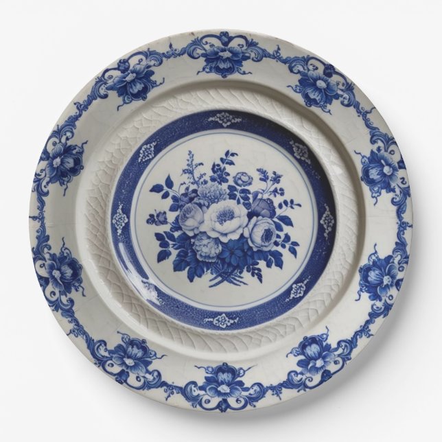 Prato De Papel Casamento de cerâmica Floral de Flor Azul Elegante (Frente)