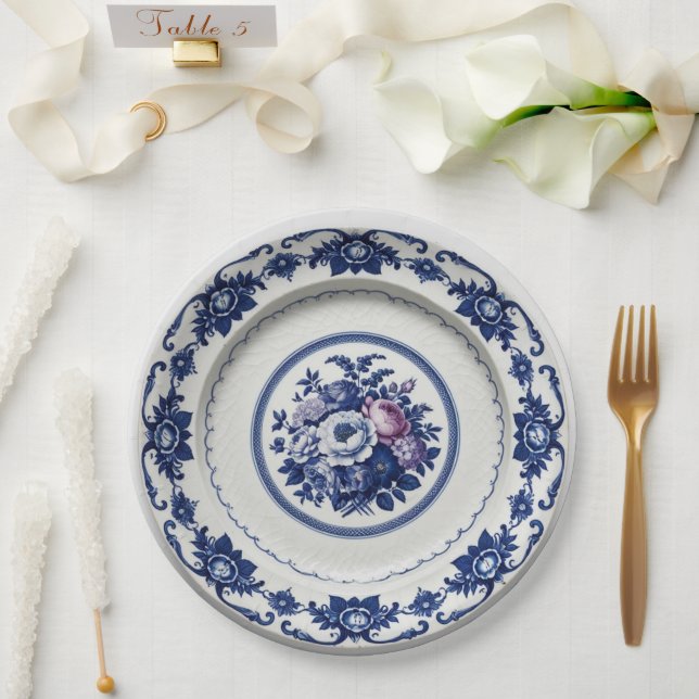 Prato De Papel Casamento de cerâmica Floral de Flor Azul Elegante (Casamento)