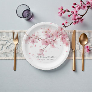 Prato De Papel Casamento de Cerejeira Rosa Água-Marinha