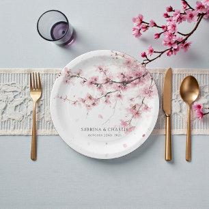 Prato De Papel Casamento de Cerejeira Rosa com Aquarela