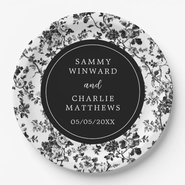 Prato De Papel Casamento de Chinoiserie Preto (Frente)