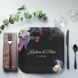 Prato De Papel Casamento de Crânio Gótico Roxo-Roxo-Elegante