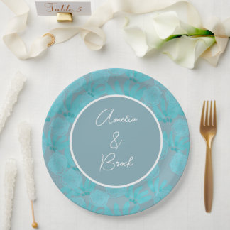 Prato De Papel Casamento de Design Floral Azul-Teal com Cor de Ág