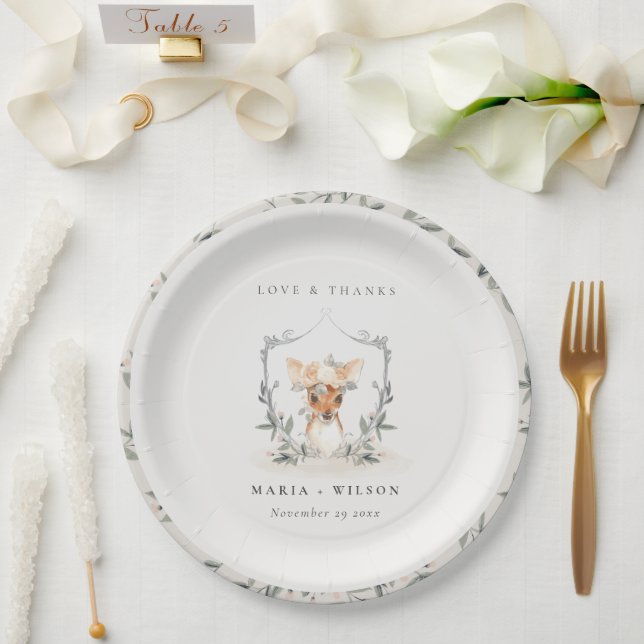 Prato De Papel Casamento de Dusky Deer Floral Crest (Casamento)