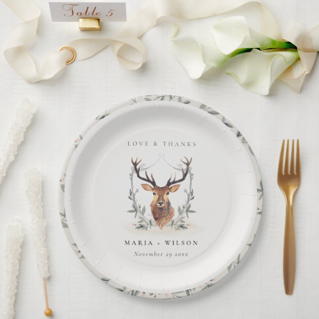 Prato De Papel Casamento de Dusky Deer Floral Crest (Casamento)