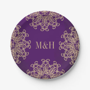Prato De Papel Casamento de Estilo Índio Dourado e Roxo