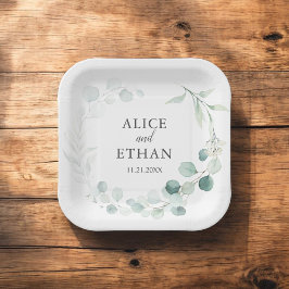 Prato De Papel Casamento de Eucalipto Verde Boho