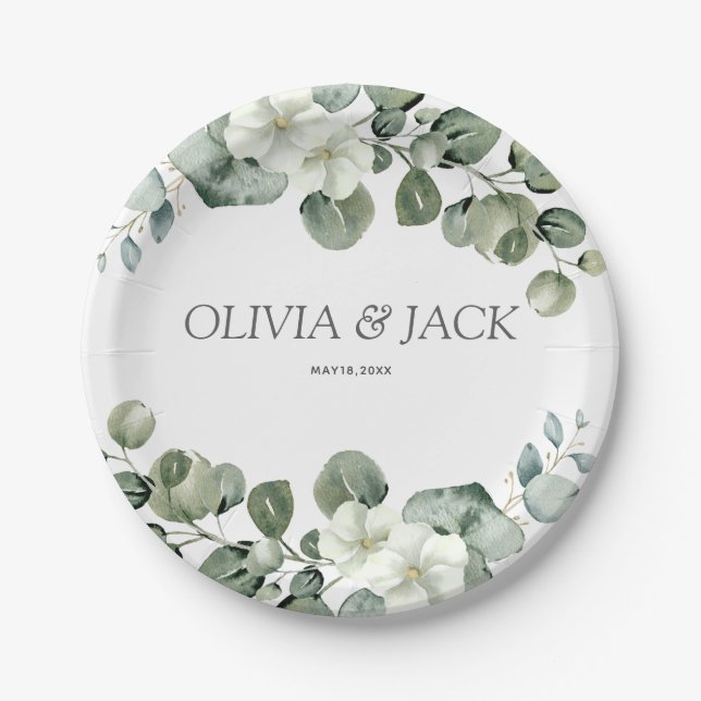 Prato De Papel Casamento de Eucalyptus aquarela Rustic Greenery (Frente)