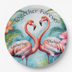 Prato De Papel Casamento de Flamingo Hibiscus Monogramas, cor-de-