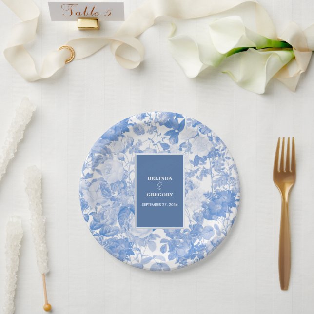 Prato De Papel Casamento de Florais Botânicos de Cor Azul (Casamento)