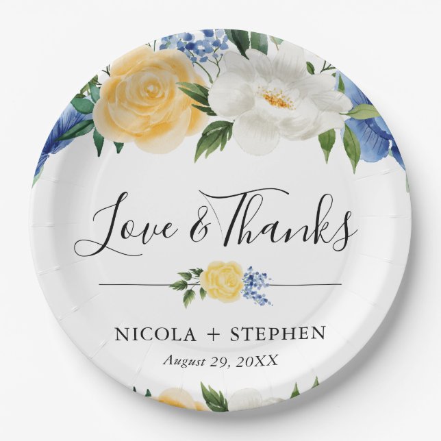 Prato De Papel Casamento de Flores Azuis e Amarelas em Aquarela (Frente)