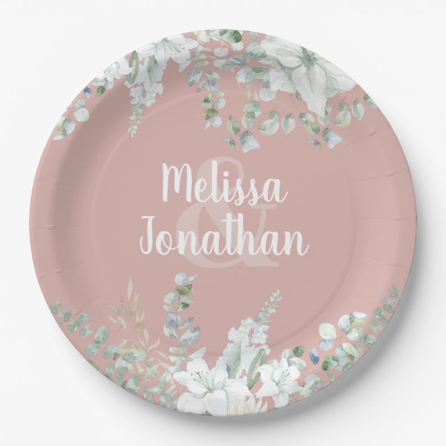 Prato De Papel Casamento de flores brancas florais com aquarela r (Frente)