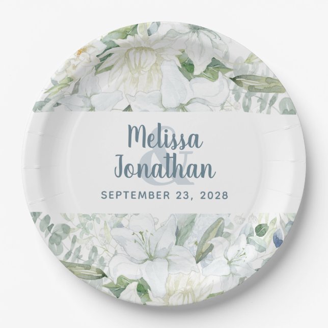Prato De Papel Casamento de flores brancas florais românticas aqu (Frente)
